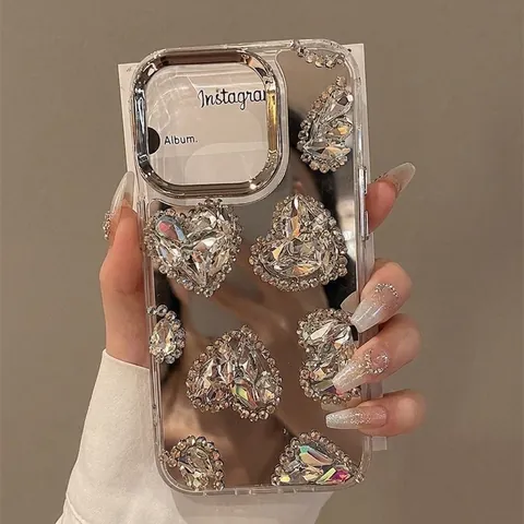 Custodia Per Telefono Specchio Cuore Strass Lusso Per iPhone Custodia Protettiva Morbida Cristallo Lucido