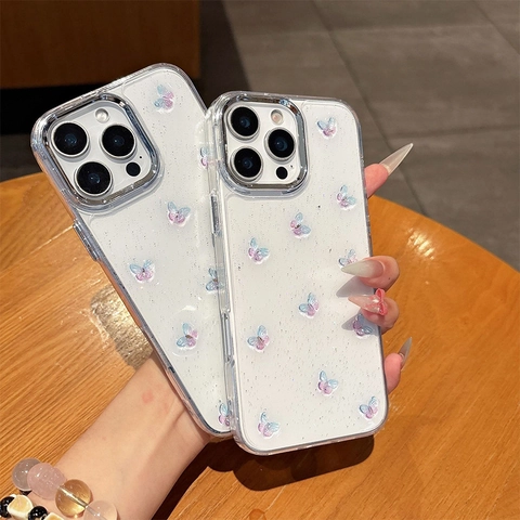 Butterfly Phone Case 3D Stereoscopic Glitter Transparent Shockproof TPU Cover For iPhone Electroplated Lens Ring Women