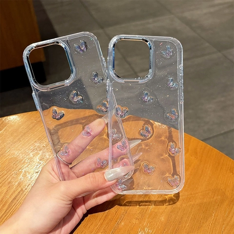 Butterfly Phone Case 3D Stereoscopic Glitter Transparent Shockproof TPU Cover For iPhone Electroplated Lens Ring Women