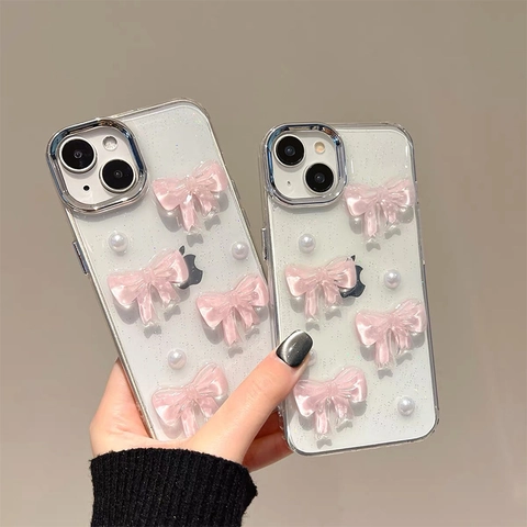 Dreidimensionale Rosa Schleifen Und Künstliche Perlen Transparente Handyhülle Glitzer TPU Stoßfest Schutzhülle Süßer Mädchen Stil