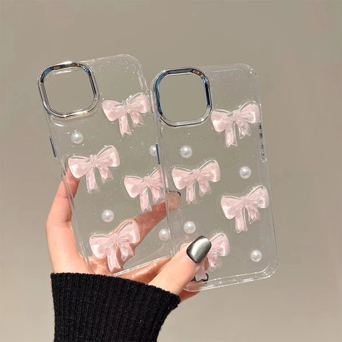 Dreidimensionale Rosa Schleifen Und Künstliche Perlen Transparente Handyhülle Glitzer TPU Stoßfest Schutzhülle Süßer Mädchen Stil