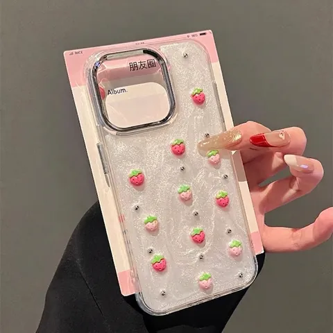 Coque De Protection TPU Pour Smartphone Avec Fraises En Relief Et Paillettes Avec Cadre Élégant Électroplaqué Pour Femmes