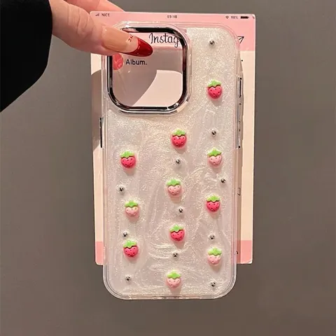 Coque De Protection TPU Pour Smartphone Avec Fraises En Relief Et Paillettes Avec Cadre Élégant Électroplaqué Pour Femmes