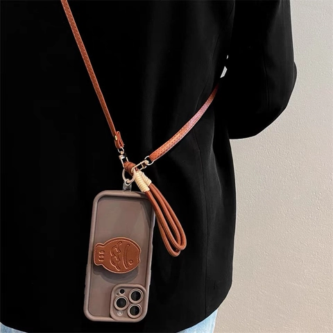 Taiyaki Vis Airbag Standaard Telefoonhoesje PU Leer TPU Anti-Val Cover Met Crossbody Strap Lanyard Voor iPhone