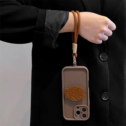 Taiyaki Vis Airbag Standaard Telefoonhoesje PU Leer TPU Anti-Val Cover Met Crossbody Strap Lanyard Voor iPhone