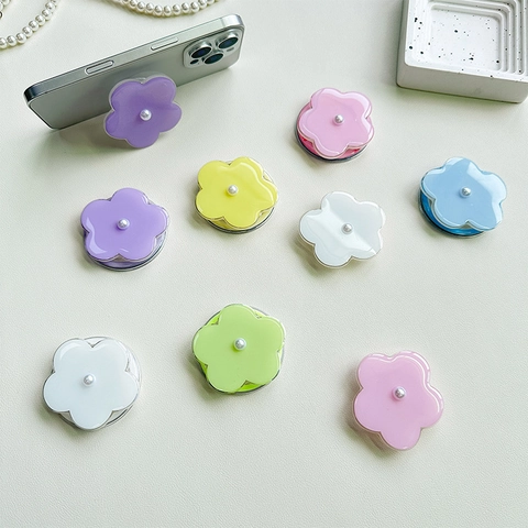 Flower Shape Mobile Phone Airbag Bracket Faux Artificial Pearl Retractable Magnetic Foldable Macaron Color Desktop Stand