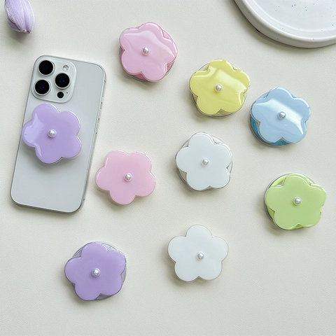 Flower Shape Mobile Phone Airbag Bracket Faux Artificial Pearl Retractable Magnetic Foldable Macaron Color Desktop Stand