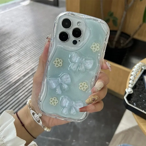 Wave Frame Phone Case With Resin Bowknot Artificial Pearl Flowers Blue Glitter TPU Soft Cover Cute Sweet For iPhone Series