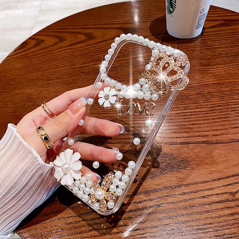 Phone Case For iPhone 16 15 14 13 12 11 Pro Max Luxury Transparent PC With Artificial Pearl Rhinestone Crown Flower For Women