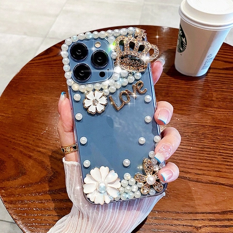 Phone Case For iPhone 16 15 14 13 12 11 Pro Max Luxury Transparent PC With Artificial Pearl Rhinestone Crown Flower For Women