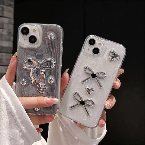 Custodia Per Telefono Lusso Fiocco 3D Con Glitter Perla Artificial E Cuore Per Donna Cover Protettiva In TPU Antiurto