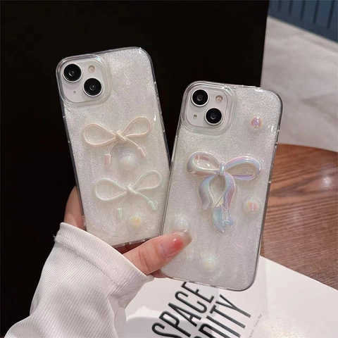 Custodia Per Telefono Lusso Fiocco 3D Con Glitter Perla Artificial E Cuore Per Donna Cover Protettiva In TPU Antiurto