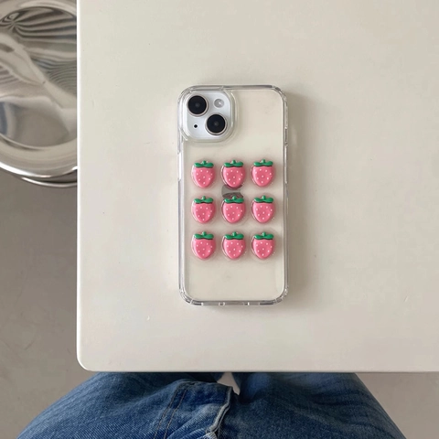 Funda iPhone Fresa Rosa Relieve 3D Transparente TPU Suave Antigolpes Carcasa Protectora Linda Para Mujeres Niñas
