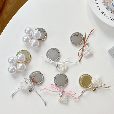 Soporte De Anillo Para Teléfono Perla Artificial Corazón Lazo Aleación Plegable Adhesivo Soporte Para Teléfono Móvil Escritorio Estilo Coreano Mujeres