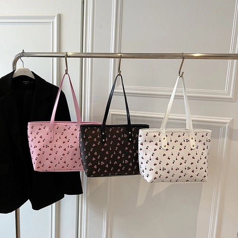 Kirschdruck Damen Tragetasche PU Leder Große Kapazität Schulter Handtasche Für Den Täglichen Arbeitsweg Trendy Stil