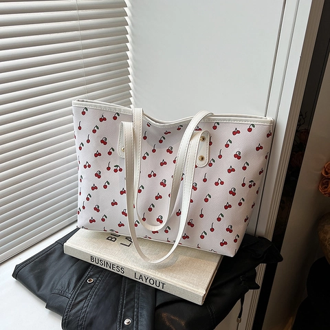 Kirschdruck Damen Tragetasche PU Leder Große Kapazität Schulter Handtasche Für Den Täglichen Arbeitsweg Trendy Stil
