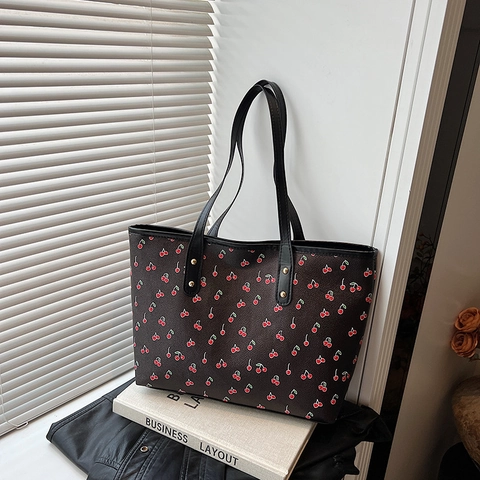 Women Large Capacity Tote Bag Sweet Cherry Print PU Leather Shoulder Bag With Double Handle And Gold Rivet Decoration
