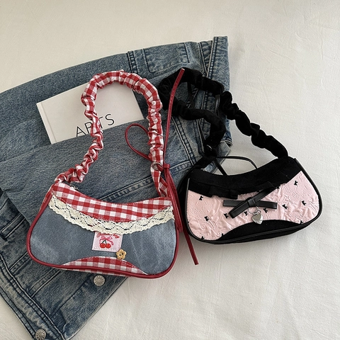 Women Denim Plaid Patchwork Shoulder Bag Sweet Y2K Lace Bow Underarm Bag Contrast Color Small Square Handbag Daily Fashion Bag