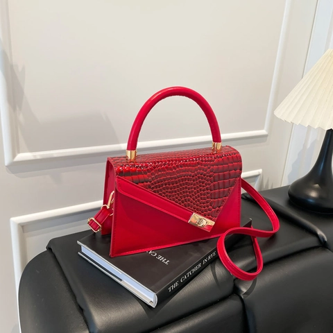 Sac Bandoulière Femme Motif Crocodile Cuir PU Sac À Main Serrure Tournante Dorée Poignée Carré Navette Sac Épaule