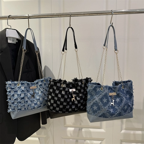 Dames Denim Tote Bag Gerafelde Ruit Ster Patroon Schoudertas Metalen Ketting Franjes Retro Casual Streetwear Design