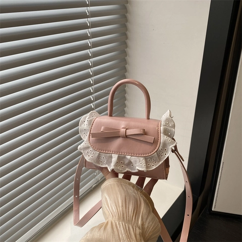 Sweet Korean Style Lace Bowknot PU Leather Mini Crossbody Bag For Women Vintage Lolita Small Square Shoulder Bag