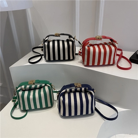 Borsa A Tracolla In Tela A Righe Con Rifiniture In Pelle PU Piccola Borsa A Mano Retro Stile Coreano Per Donna Casual