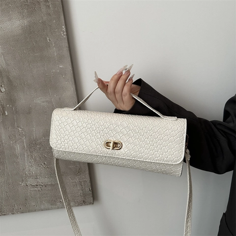 Vintage Woven Texture Handbag PU Leather Horizontal Square Shoulder Bag For Women With Gold Metal Lock And Top Handle