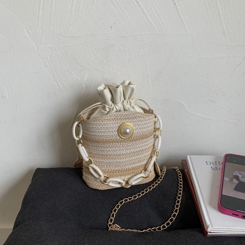 Gewebte Beuteltasche Stroh PU Gestreift Kordelzug Künstliche Perle Metall Acryl Kette Schulter Umhängetasche Urlaub Damen