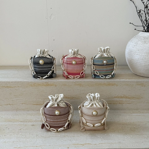 Niche Design Woven Bucket Bag With Artificial Pearl Fashion PU Leather Drawstring Crossbody Shoulder Bag For Women