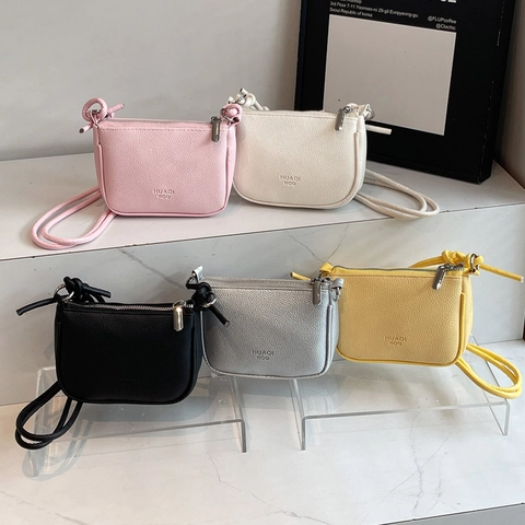 Women Small Square Shoulder Bag Pebble Grain PU Leather Simple Casual Crossbody Purse With Knot Strap Zipper Closure Chic