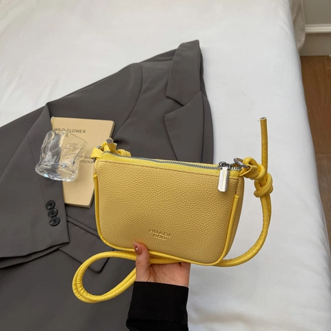 Women Small Square Shoulder Bag Pebble Grain PU Leather Simple Casual Crossbody Purse With Knot Strap Zipper Closure Chic