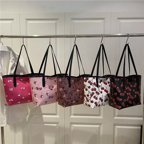 Borsa A Spalla Da Donna Tote Bag Pelle PU Stampa Ciliegia Grande Capacità Casual Alla Moda Chiusura Lampo