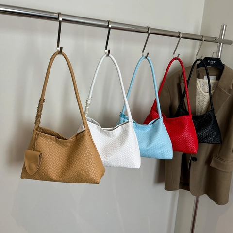 Women Woven Shoulder Bag PU Leather Large Capacity Hobo Bag With Mini Pouch Fashion Commuter Underarm Bag