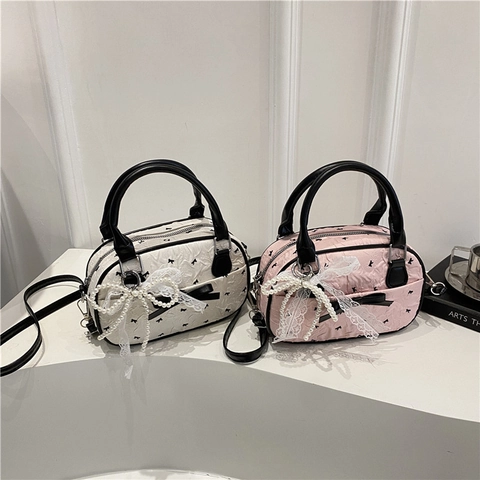 Women Bubble Fabric Crossbody Bag Detachable Strap Artificial Pearl Lace Bow Pendant Sweet Retro Niche Shoulder Handbag
