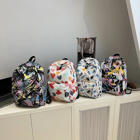 Zaino Casual Stampato Poliestere Leggero Daypack Per Studenti Ragazze Adolescenti Moda Graffiti Motivo Cuore