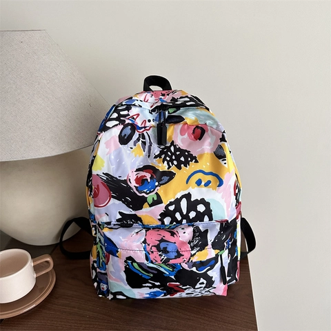 Zaino in Nylon in Stile Coreano di Moda Grande Capacità Borsa da Scuola Stampata per Donne Studenti Cuore Graffiti Motivo Tropicale