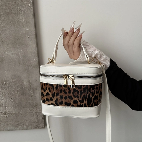 Leopard Print Bucket Bag PU Leder Splicing Retro Vanity Box Form Handtasche Mit Griff Und Abnehmbarem Schultergurt