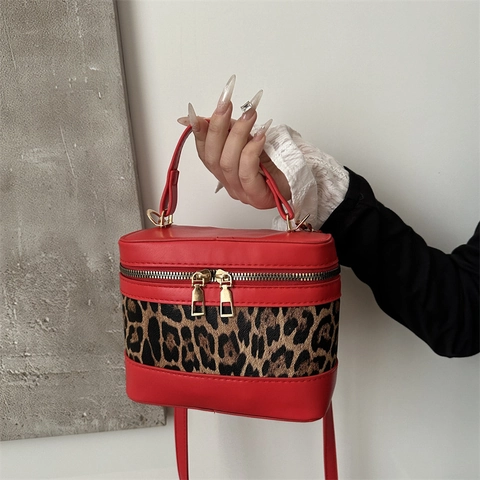 Leopard Print Bucket Bag PU Leder Splicing Retro Vanity Box Form Handtasche Mit Griff Und Abnehmbarem Schultergurt