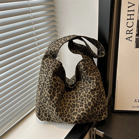 Borsa Tote Vintage in Tela con Stampa Leopardata Donna Borsa Hobo Grande Capacità Tracolla Casual per Lavoro Quotidiano