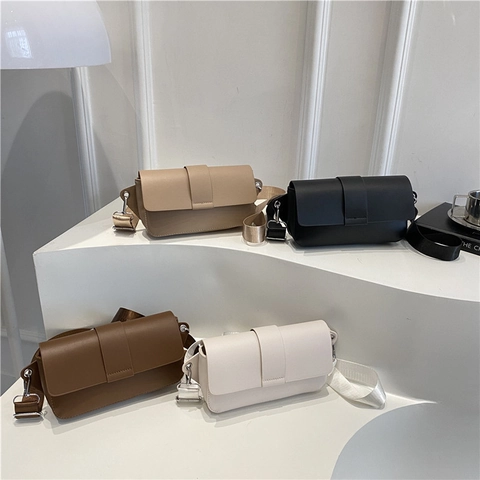 Minimalist Women PU Leather Crossbody Bag Retro Rectangle Flip Top Stitched Shoulder Purse With Adjustable Wide Nylon Strap