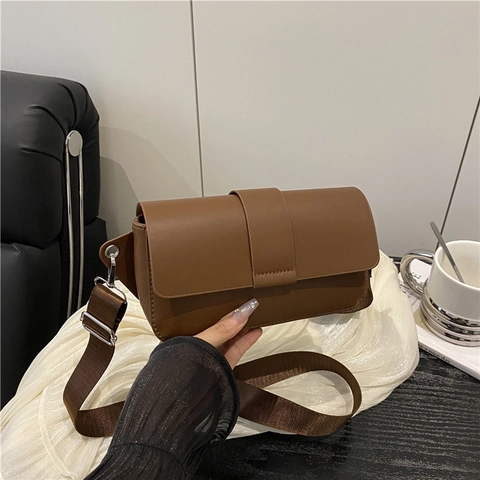 Minimalist Women PU Leather Crossbody Bag Retro Rectangle Flip Top Stitched Shoulder Purse With Adjustable Wide Nylon Strap