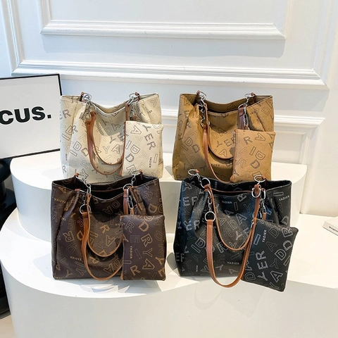 Große Shopper Tasche Und Beutel PU Leder Buchstaben Print Pendler Retro Mode Schultertasche Für Damen Schick