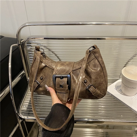 Damen Vintage PU Leder Hobo Tasche Große Kapazität Unterarm Schultertasche Mit Schnalle Retro Stil
