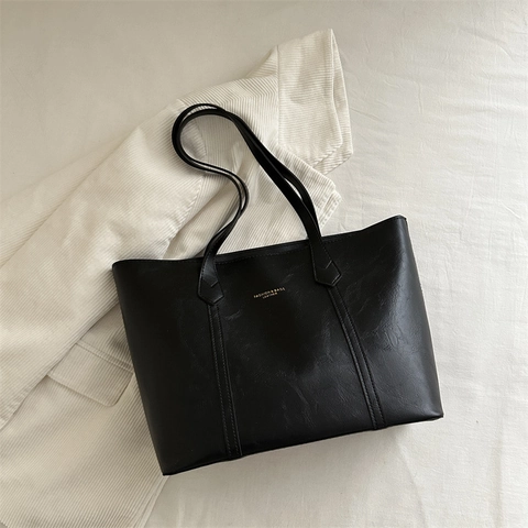 Women Large Capacity Tote Bag PU Leather Retro Commuter Solid Color Zipper Closure Single Shoulder Bag Versatile Chic