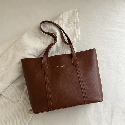 Women Large Capacity Tote Bag PU Leather Retro Commuter Solid Color Zipper Closure Single Shoulder Bag Versatile Chic
