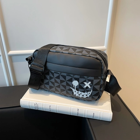 Women Crossbody Bag Geometric Pattern PU Leather Shoulder Bag Small Square Streetwear Graffiti Smiley Adjustable Strap