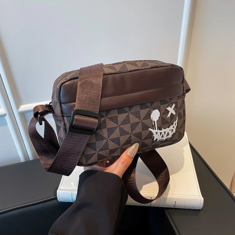 Geometric Pattern PU Leather Crossbody Bag Graffiti Smiley Print Adjustable Wide Strap Casual Streetwear Square Shoulder Bag