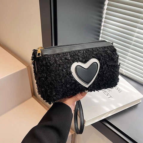 Borsa A Spalla Da Donna In Sherpa Decorazione Cuore Peluche Borsa A Mano Autunno Inverno Borsa A Tracolla Cerniera