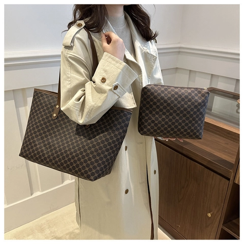 Große Kapazität Tote Bag Und Passende Tasche Beschichtete Leinwand Monogramm Druck Vintage Pendler Umhängetasche Für Frauen