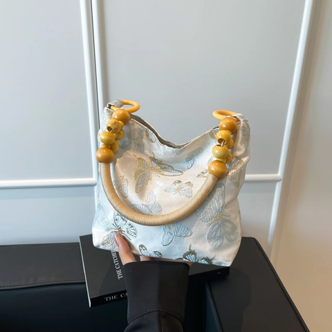 Retro New Chinese Style Underarm Bag Jacquard Fabric With Wooden Beads Handle Butterfly Embroidery Vintage Shoulder Bag